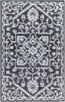 Close-up of the Black Derya Area Rug. Charcoal rug with light gray, traditional floral and geometric pattern. Design-Rectangle-576