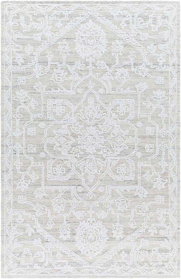 Close-up of the White Derya Area Rug featuring a traditional, floral-inspired pattern in shades of gray. Hand-tufted texture. Design-Rectangle-576