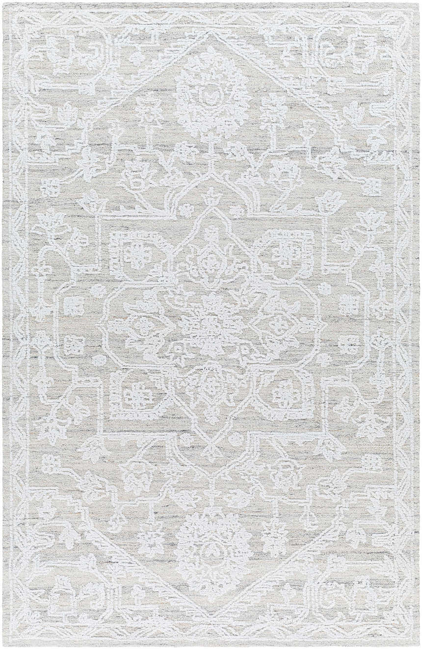 Close-up of the White Derya Area Rug featuring a traditional, floral-inspired pattern in shades of gray. Hand-tufted texture. Design-Rectangle-576