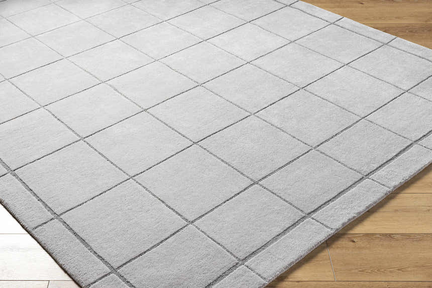 Close up of the Siarl Gray Checkered Area Rug, a light gray wool rug with a contemporary checkered pattern. Corner