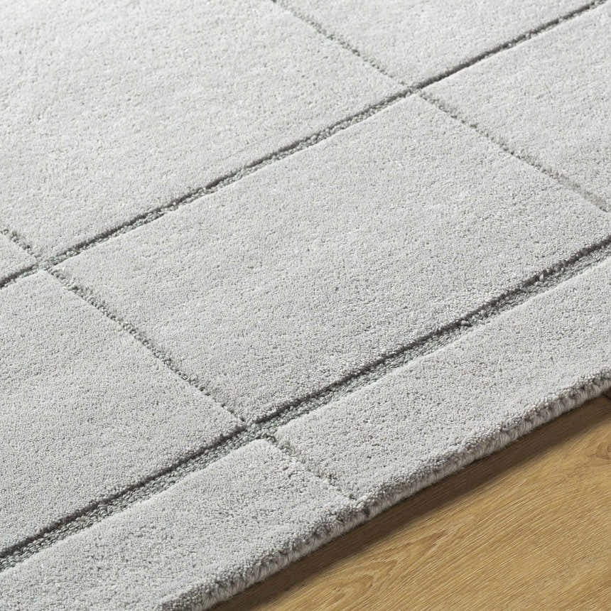 Close-up of the Siarl Gray Checkered Area Rug. Light gray wool rug with a contemporary checkered pattern and soft texture. Texture
