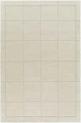 Close-up of a hand-tufted Siarl Cream Checkered Area Rug. Beige wool rug with a contemporary square pattern. Design-Rectangle-576