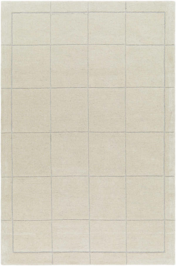 Close-up of a hand-tufted Siarl Cream Checkered Area Rug. Beige wool rug with a contemporary square pattern. Design-Rectangle-576