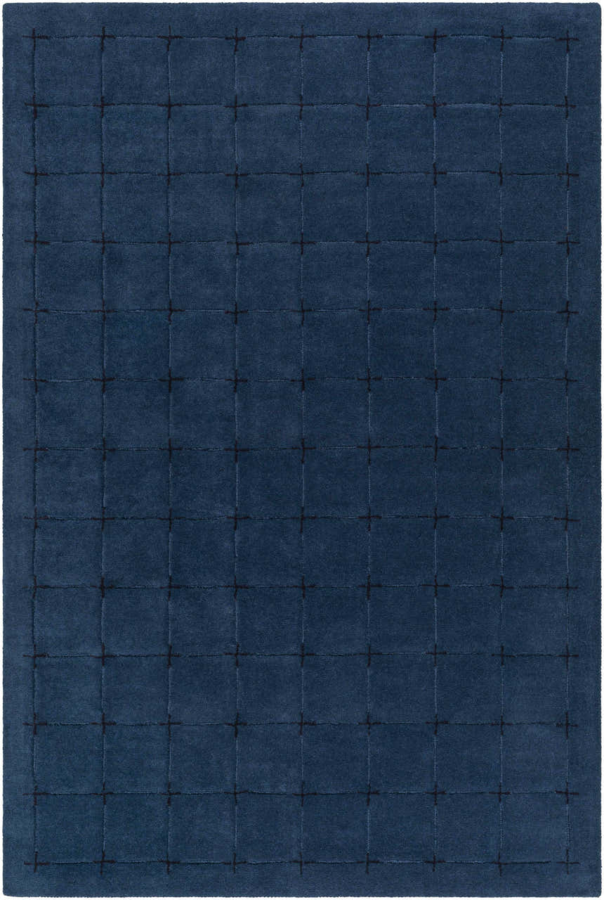 Close-up of the Sanvi Navy Wool Area Rug, featuring a contemporary grid pattern in navy and black. Hand-tufted texture. Design-Rectangle-576