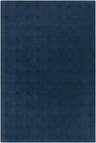 Close-up of the Sanvi Navy Wool Area Rug, featuring a contemporary grid pattern in navy and black. Hand-tufted texture. Design-Rectangle-576