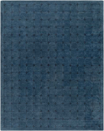 Close-up of the Sanvi Navy Wool Area Rug featuring a plus sign pattern on a textured, hand-tufted, rectangular rug. Design-Rectangle-810