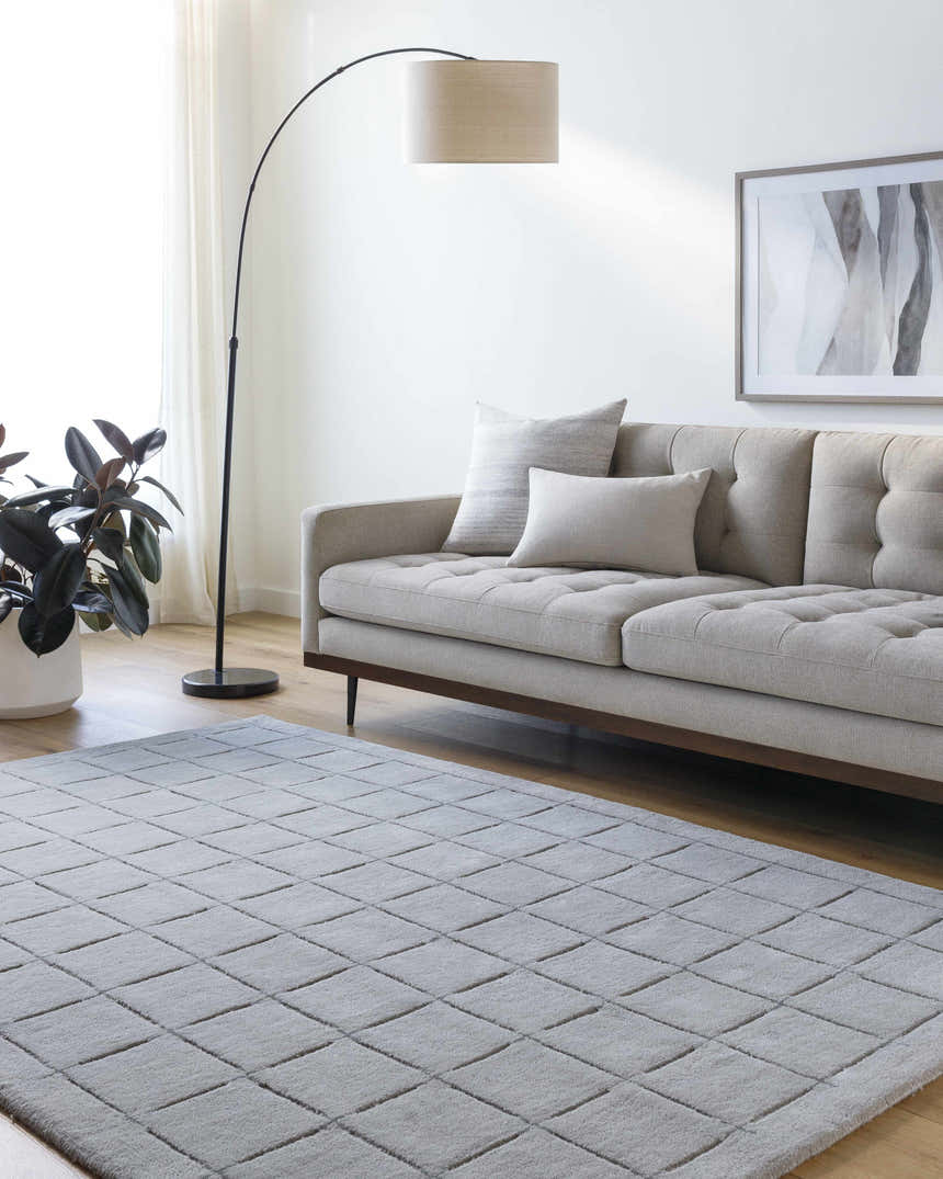 Living room scene with a gray sofa and the Sanvi Gray Area Rug featuring a geometric pattern. Roomscene-Rectangle