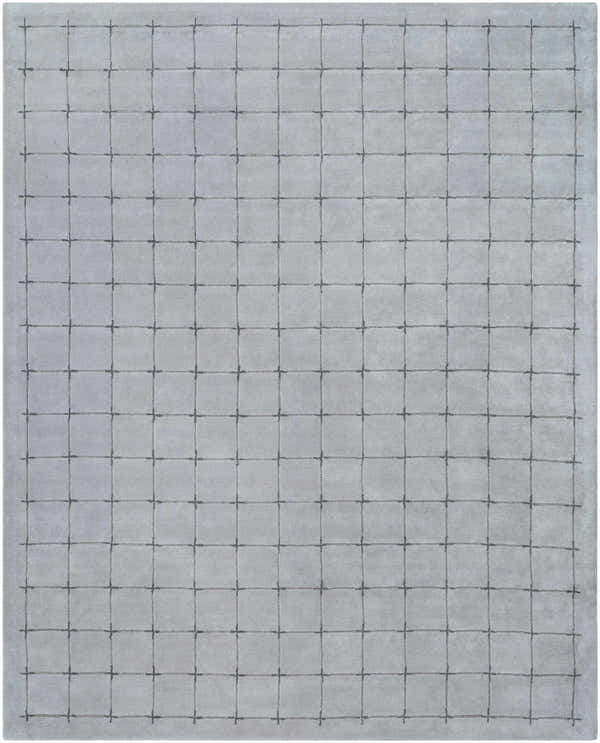 Close-up of the hand-tufted Sanvi Gray Area Rug. Features a subtle grid pattern in charcoal and gray wool. Design-Rectangle-810