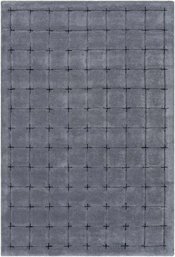 Close-up of the hand-tufted Sanvi Charcoal Area Rug. Soft, 100% wool rug with a contemporary black grid pattern on charcoal. Design-Rectangle-576