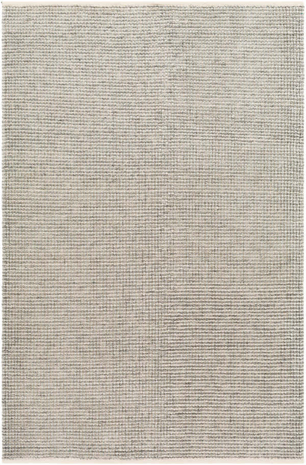 Close-up of the hand woven Aiman Area Rug. Beige and gray recycled PET yarn creates a subtle contemporary texture. Design-Rectangle-576