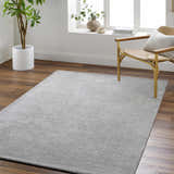 Living room scene with a silver gray Noham Area Rug, wood floors, and a modern chair. Roomscene-Rectangle