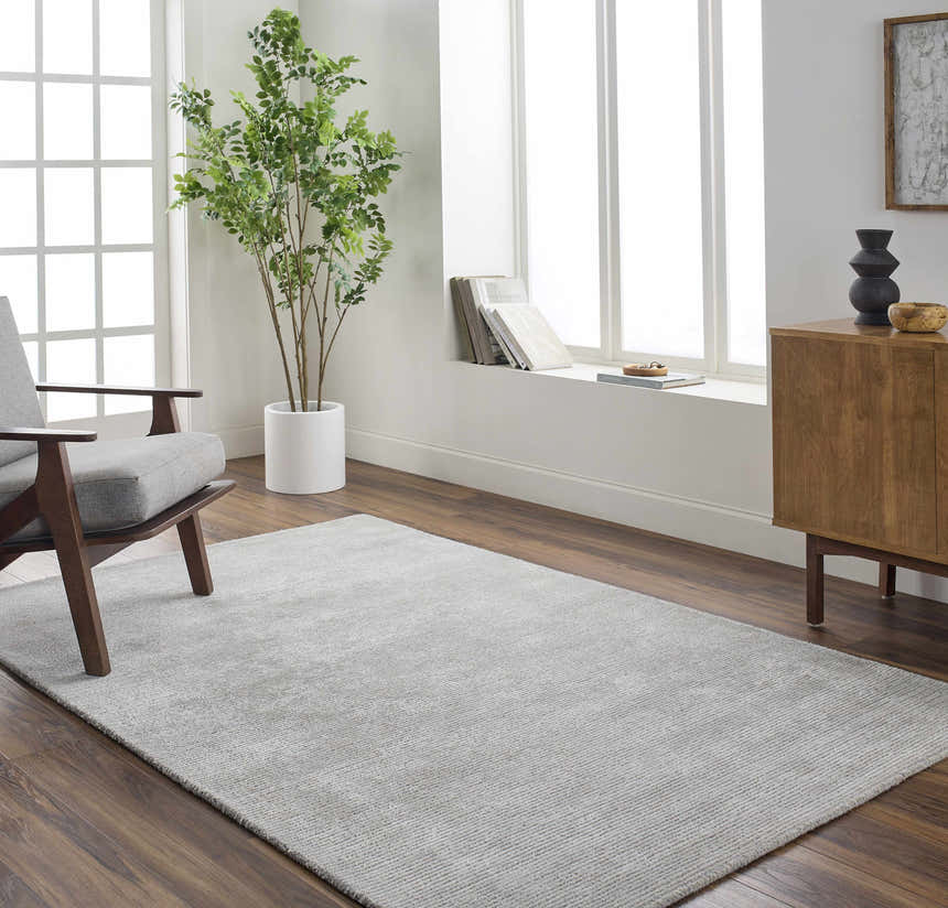 Living room scene with a silver gray Noham Area Rug, gray chair, wood cabinet, and indoor tree. Roomscene-Rectangle