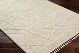 Close-up of Hosea Cream Area Rug showing beige geometric pattern, soft texture, and tassel detail on dark wood floor. Corner