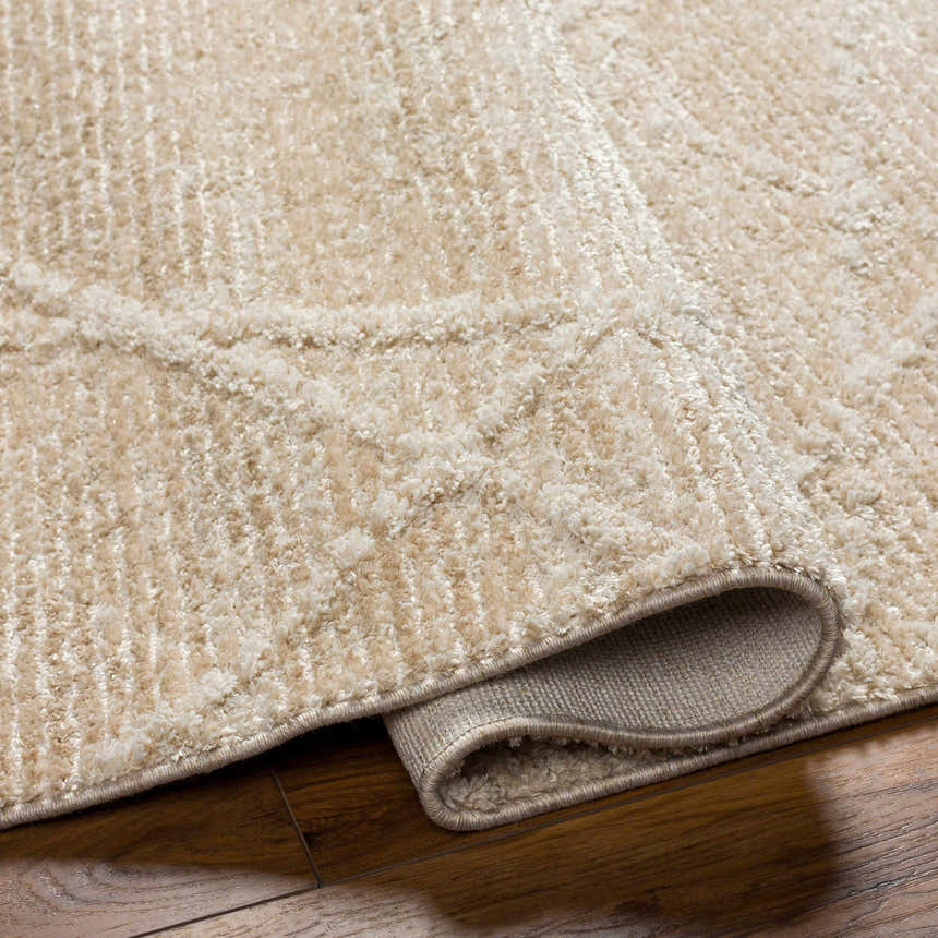 Close-up of the Hosea Cream Area Rug showing its beige color, soft texture, and subtle geometric pattern. Fold