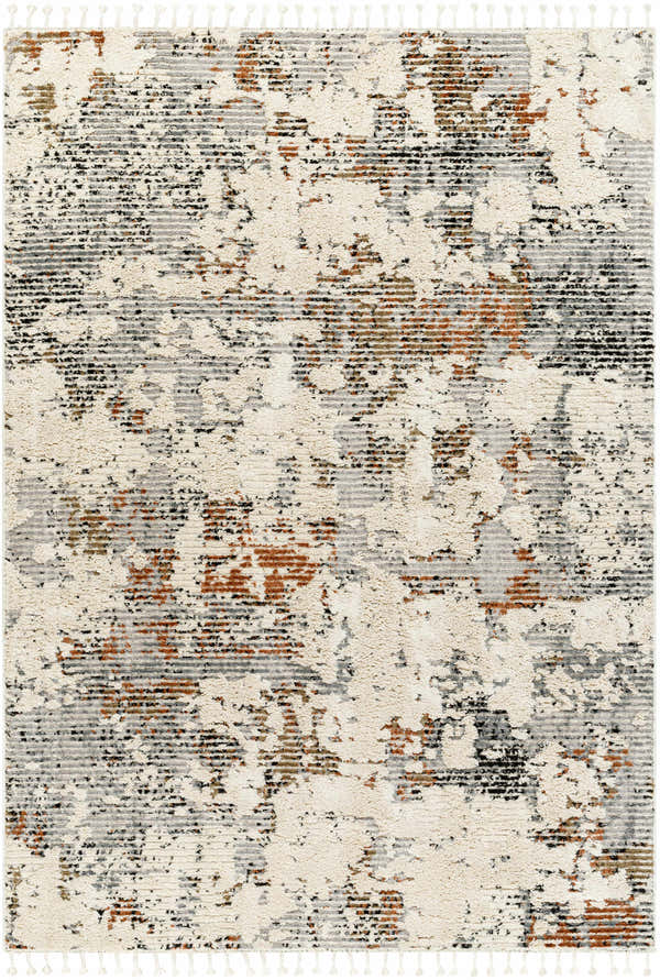 Close-up of the Idola Area Rug. Beige, bone, charcoal, and brown abstract pattern with tassels. Contemporary style. Design-Rectangle-537