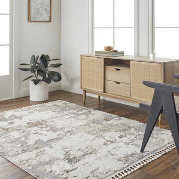 Living room scene with beige Idola Area Rug, wood floors, rattan console table, and black chair. Neutral, contemporary style. Roomscene-Rectangle