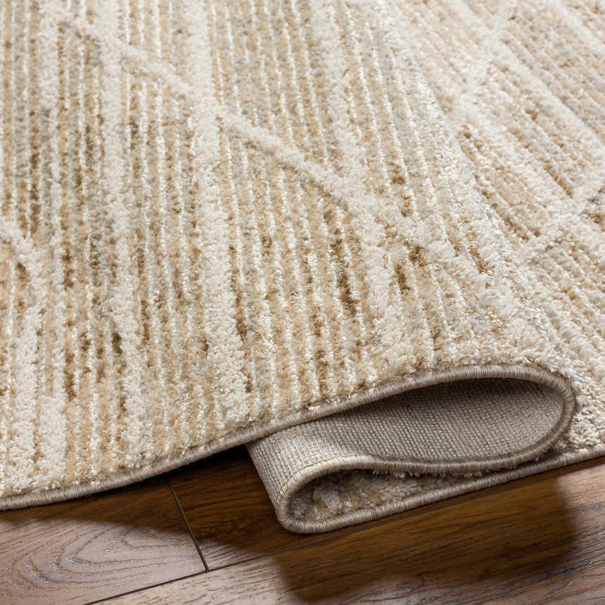 Close-up of the beige Inaya Area Rug showing its textured, geometric pattern and rolled edge on a wood floor. Fold