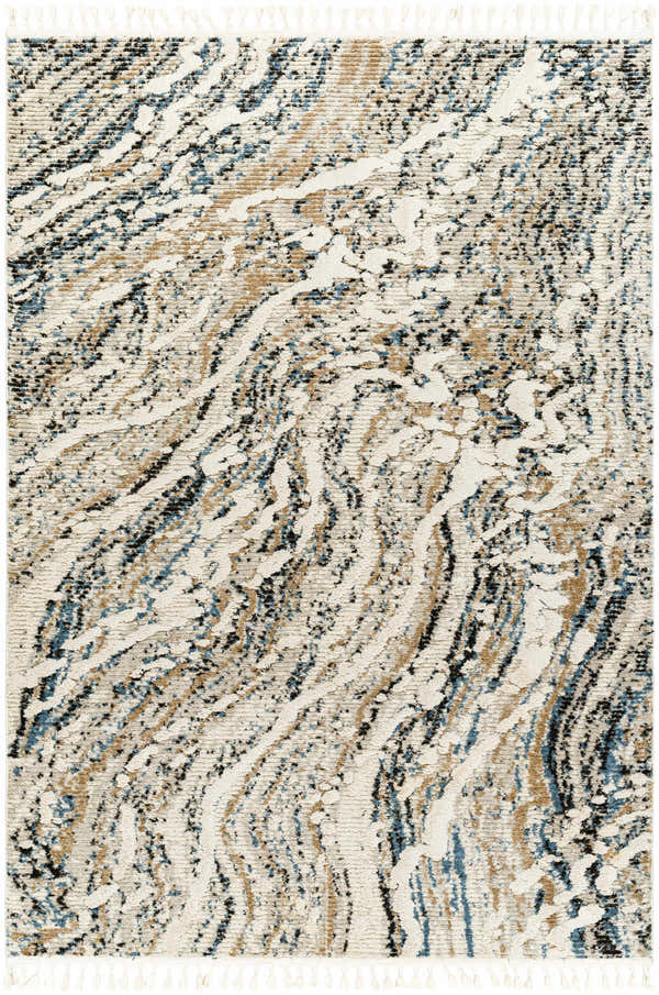 Close-up of the Ioane Area Rug, a contemporary polyester rug with beige, bone, brown, charcoal, and blue abstract pattern. Design-Rectangle-537