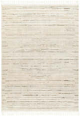 Close-up of the Levy Cream Area Rug, featuring a striped design in beige, brown, and cream, and decorative tassels. Design-Rectangle-537