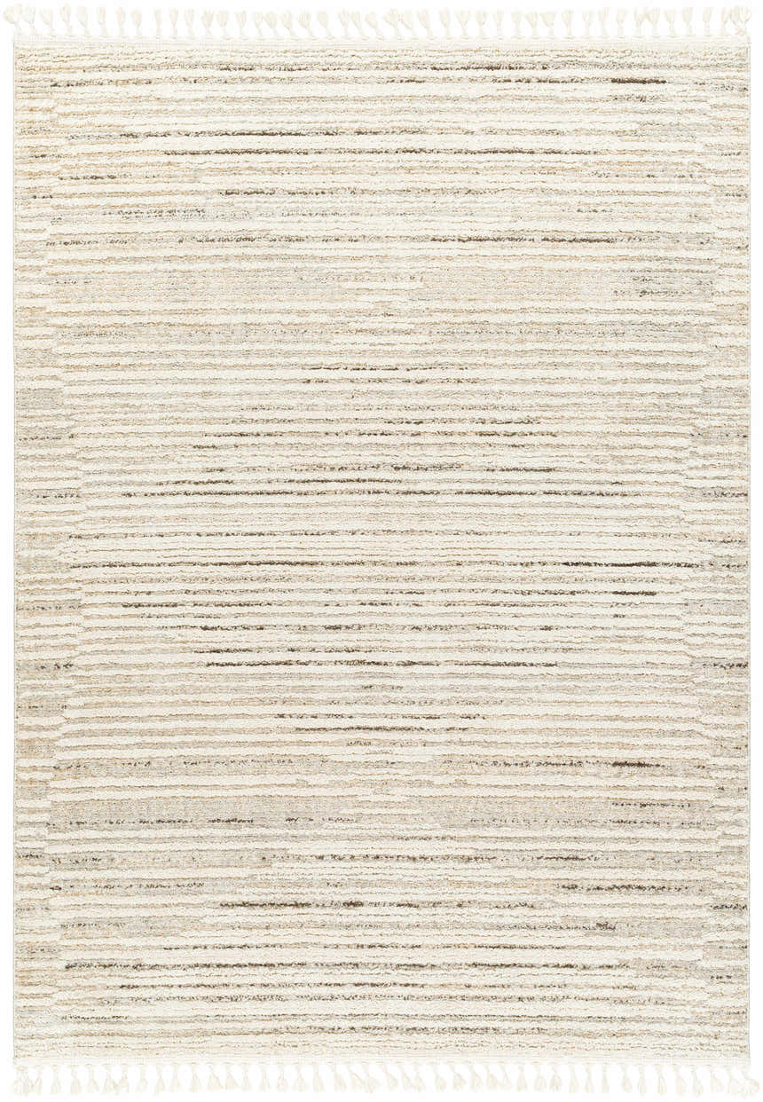 Close-up of the Levy Cream Area Rug, featuring a striped design in beige, brown, and cream, and decorative tassels. Design-Rectangle-537