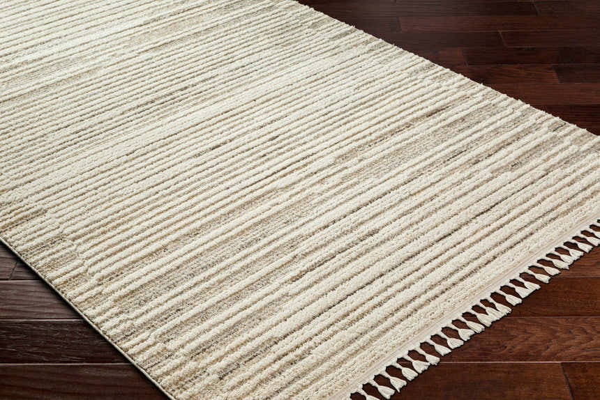 Close-up of the Levy Cream Area Rug showing its textured, beige and brown stripes with tassel detail on dark wood flooring. Corner