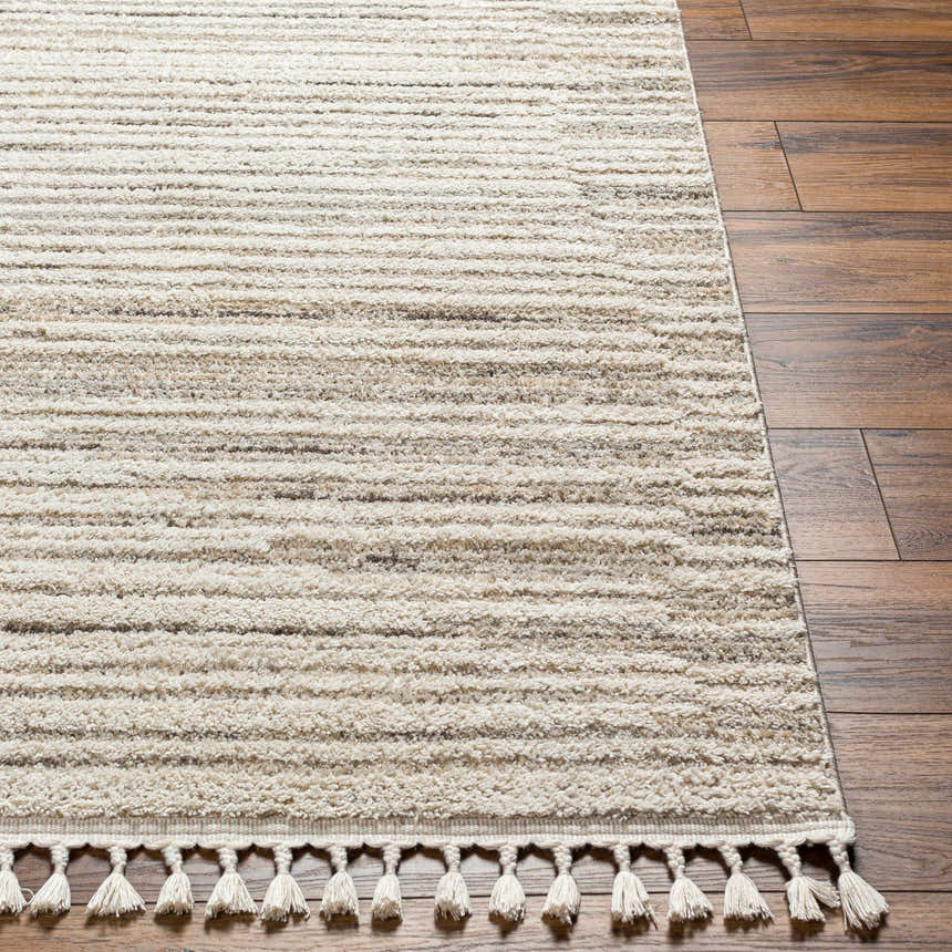 Close-up of the Levy Cream Area Rug showing beige, brown, and cream horizontal stripes and tassel fringe on wood floors. Front