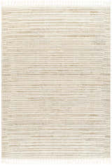 Close up of the Levy Beige Area Rug showing a horizontal striped pattern and tasseled edges. Design-Rectangle-537