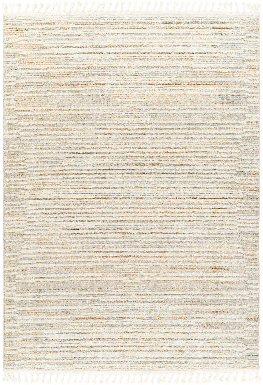 Close up of the Levy Beige Area Rug showing a horizontal striped pattern and tasseled edges. Design-Rectangle-537