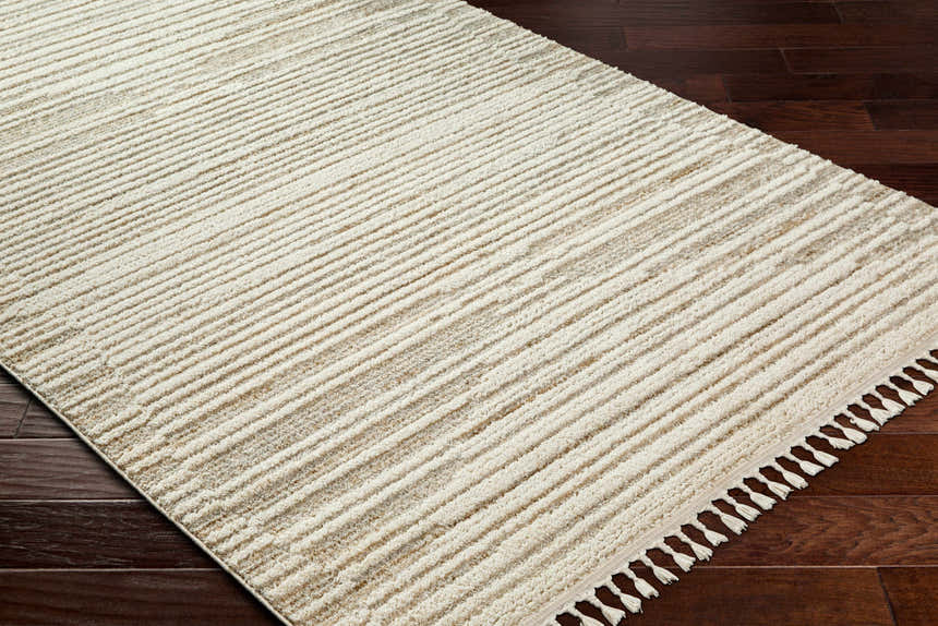 Close up of the Levy Beige Area Rug showing its striped pattern, tassels, and soft texture on dark wood floors. Corner