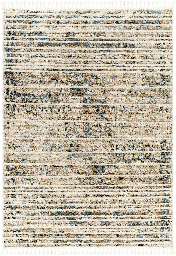 Close-up of Miyu Brown Area Rug. Beige rug with horizontal stripes in brown, charcoal, and blue. Tassels on either end. Design-Rectangle-537
