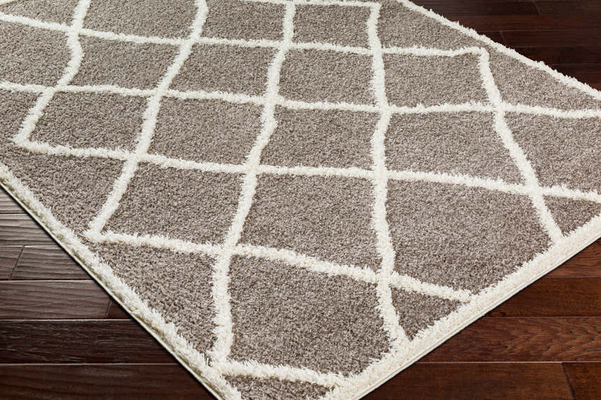 Close-up of the Alkas Area Rug. Shag rug with a geometric pattern in dark gray and off-white on a wood floor. Corner