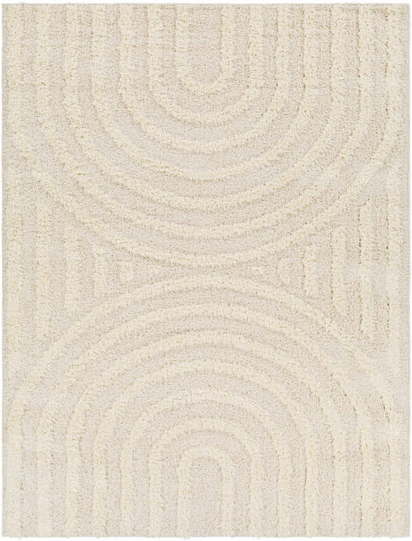 Close-up of the Arnel Cream Area Rug featuring a geometric arch pattern and soft, shag texture. Design-Rectangle-537