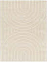 Close-up of the Arnel Cream Area Rug featuring a geometric arch pattern and soft, shag texture. Design-Rectangle-537