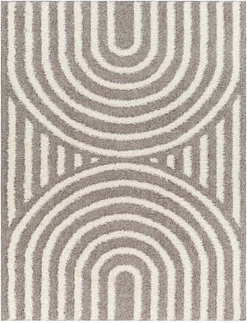 Close-up of Arnel Brown Area Rug showing geometric, semi-circle design in dark gray and natural gray shag texture. Design-Rectangle-537