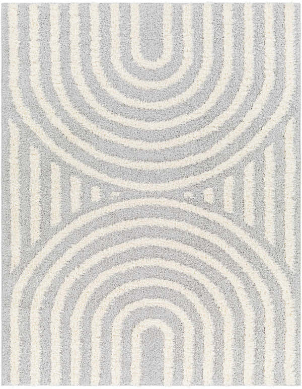 Close-up of the Arnel Gray & Beige Area Rug featuring a geometric pattern of gray and beige shag stripes. Design-Rectangle-537