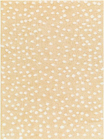 Close-up of the Bernt Beige Polka Dot Area Rug, a shag rug with a soft beige background and white polka dot pattern. Design-Rectangle-537