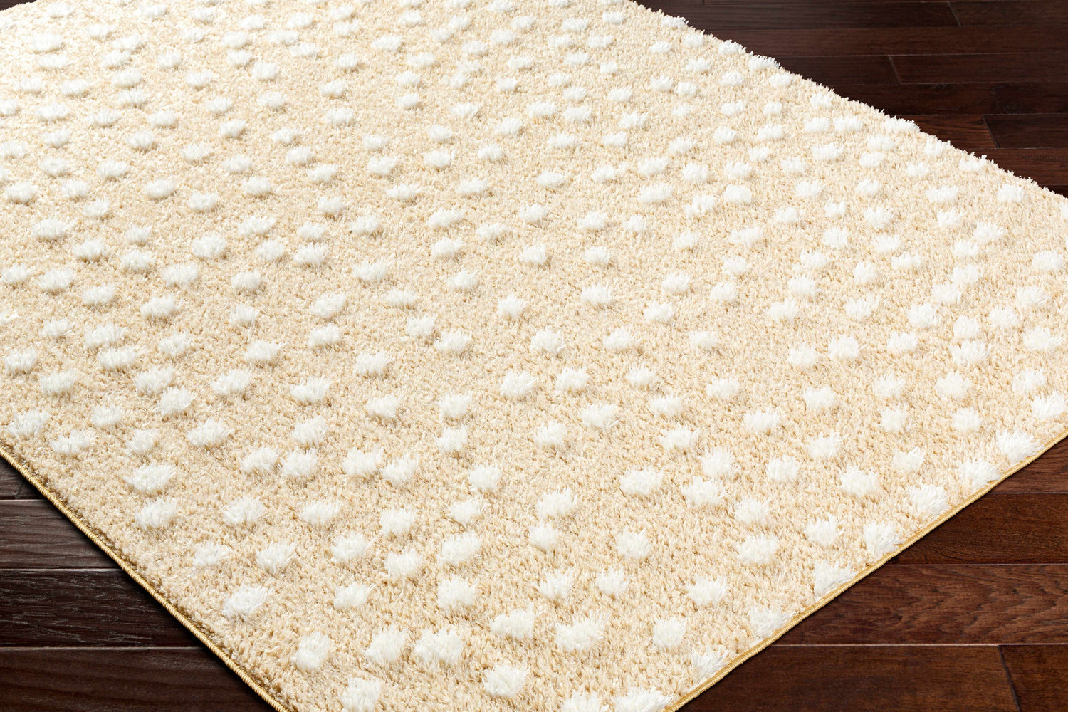 Close-up of Bernt Beige Polka Dot Area Rug, a shag rug with raised white dots on a soft beige background. Corner
