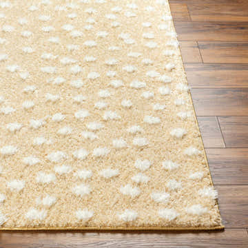 Close-up of the Bernt Beige Polka Dot Area Rug showing shag texture and white polka dot pattern on wood floor. Front
