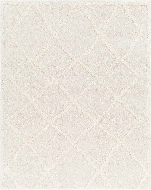 Close-up of the Daube Area Rug in cloud gray, featuring a subtle geometric diamond shag pattern. Design-Rectangle-537