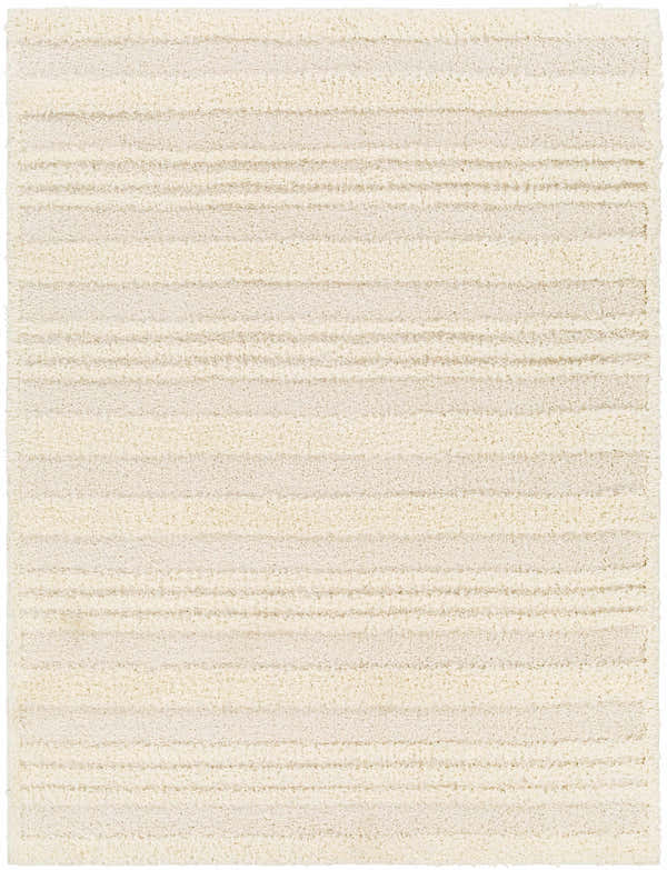 Close-up of the Deva Cream Area Rug, a shag rug with subtle horizontal stripes in cream, gray, and light peach. Design-Rectangle-537