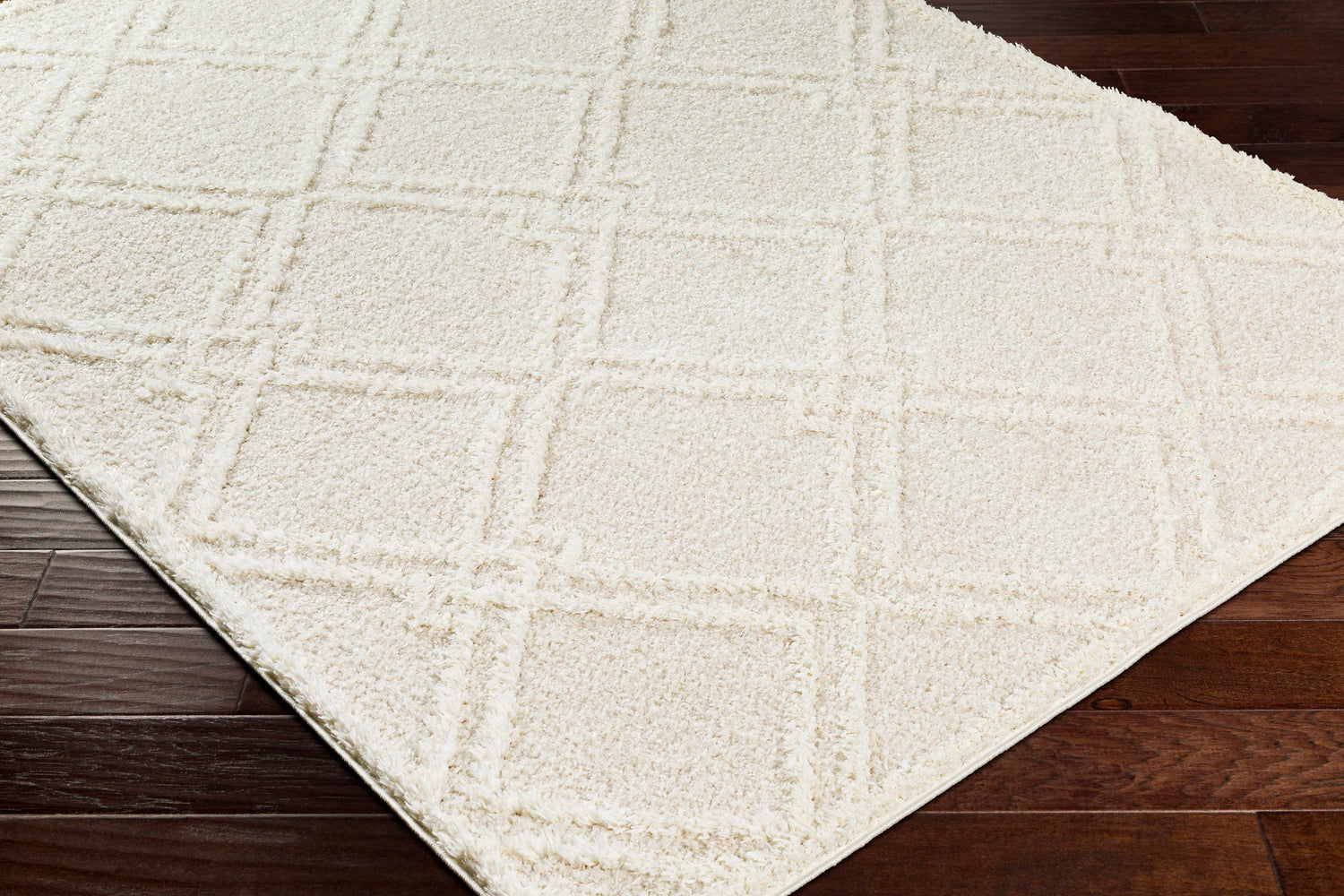 Close-up of the Elyse Cream Area Rug showing its shag texture and geometric pattern on dark wood flooring. Corner