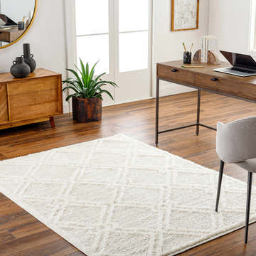 Home office with wood desk and Elyse Cream Area Rug, a shag rug with a geometric pattern. Roomscene-Rectangle