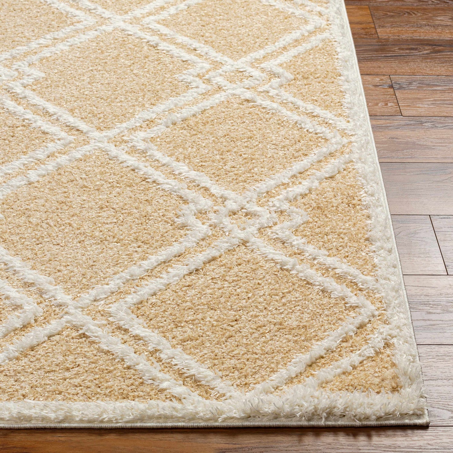 Close-up of the Elyse Beige Area Rug showing its geometric shag design and bone and beige colors on a wood floor. Front