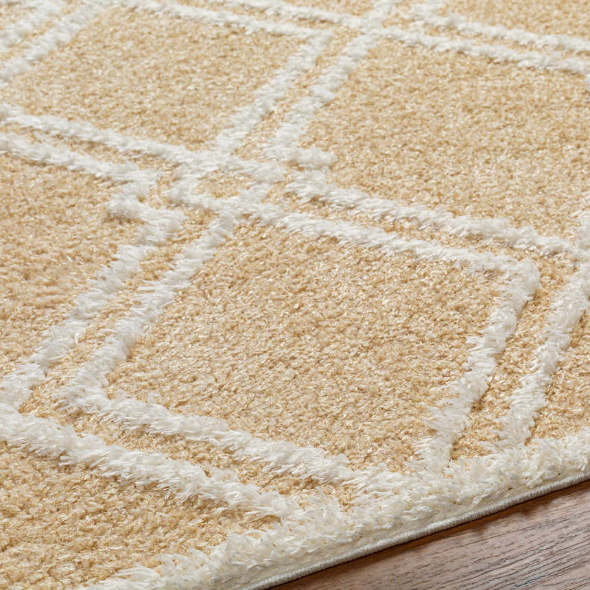 Close-up of the Elyse Beige Area Rug showing its geometric shag texture and bone, beige, and light brown colors. Texture