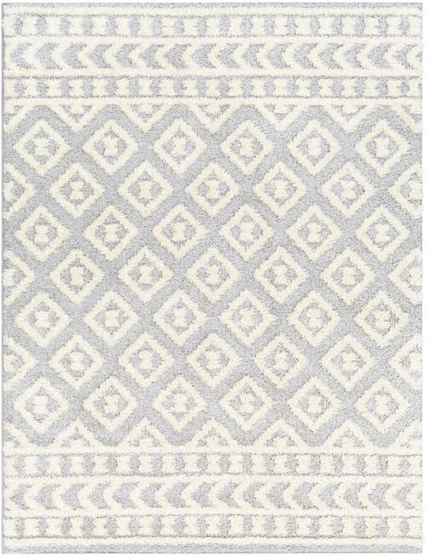 Close-up of Felix Gray Plush Area Rug featuring a gray and cream geometric diamond shag design. Design-Rectangle-537