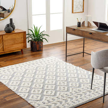 Home office with a Felix Gray Plush Area Rug. Beige and gray shag rug under a wooden desk. Roomscene-Rectangle