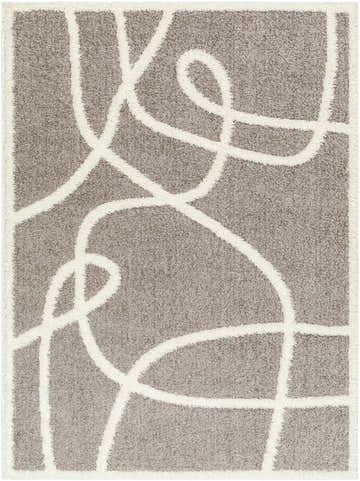 Close-up of the Gilon Taupe Plush Area Rug. Taupe shag rug with a white, abstract line pattern. Soft texture. Design-Rectangle-537
