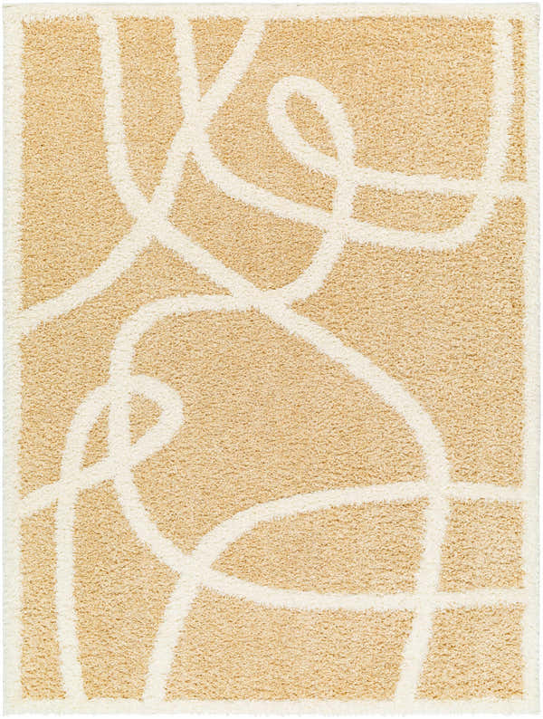 Close-up of Gilon Camel Plush Area Rug showing shag texture and cream abstract line pattern on a camel background. Design-Rectangle-537