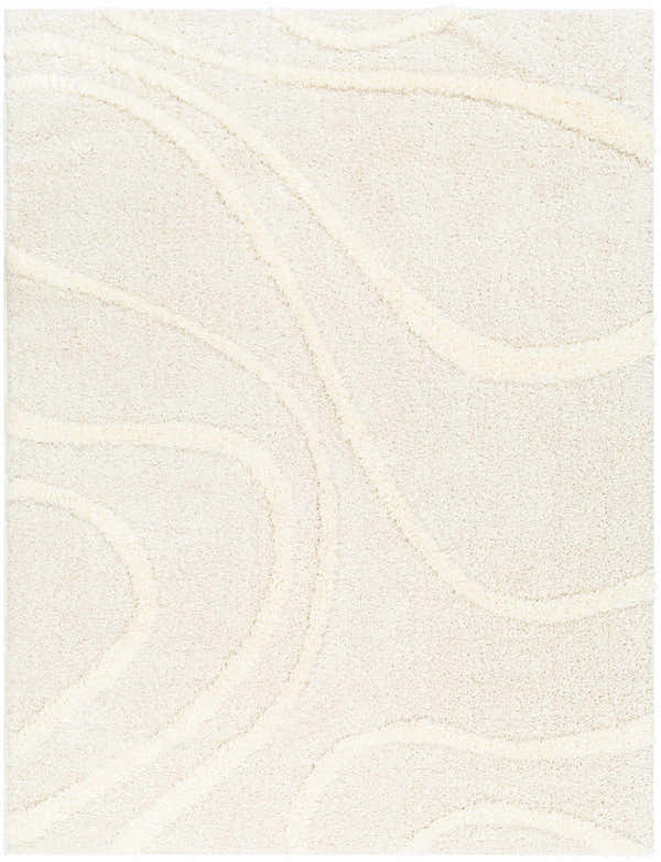 Close up of the Horst Off White Area Rug showing its shag texture and subtle, swirling pattern. Design-Rectangle-537