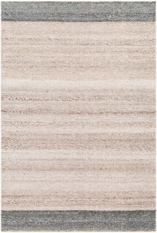 Close-up of the hand woven Edwin Area Rug. Features gray and lambswool stripes. Recycled PET yarn texture. Design-Rectangle-576